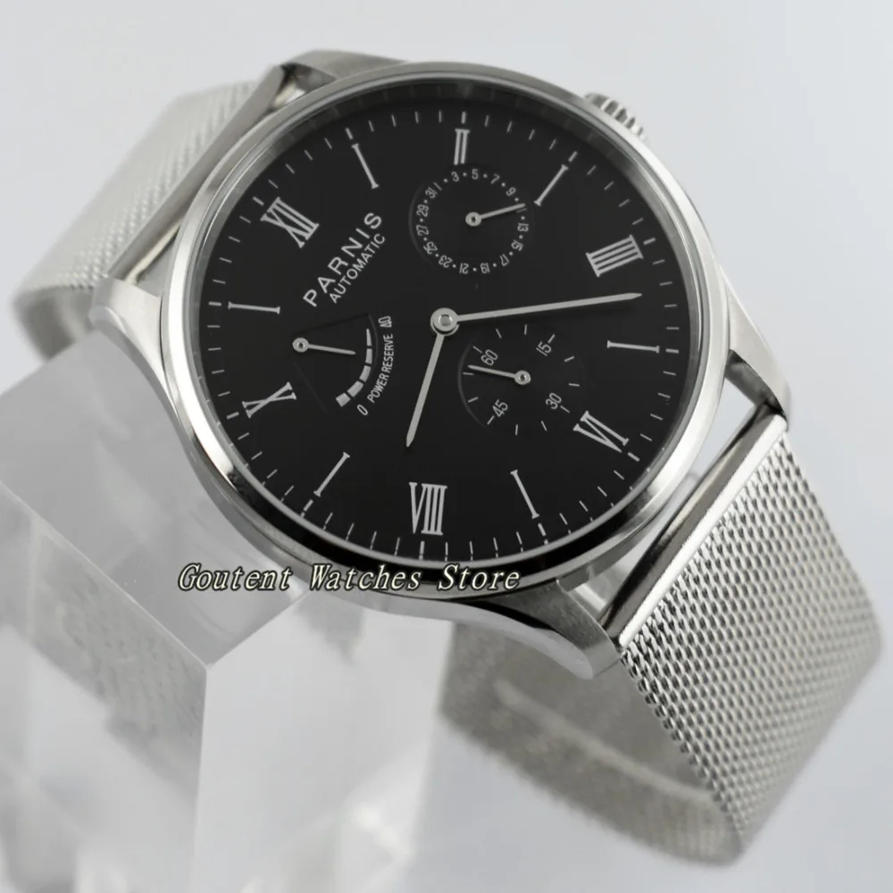 

42mm Parnis Black Dial Seagull Power Reverse Date Small Second Automatic Men's Watch