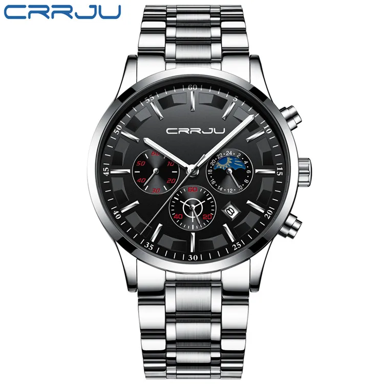 CRRJU мужские часы Топ бренд Роскошные Модные Бизнес Кварцевые часы мужские спортивные полностью стальные водонепроницаемые черные часы Relogio Masculino - Цвет: S Silver Black