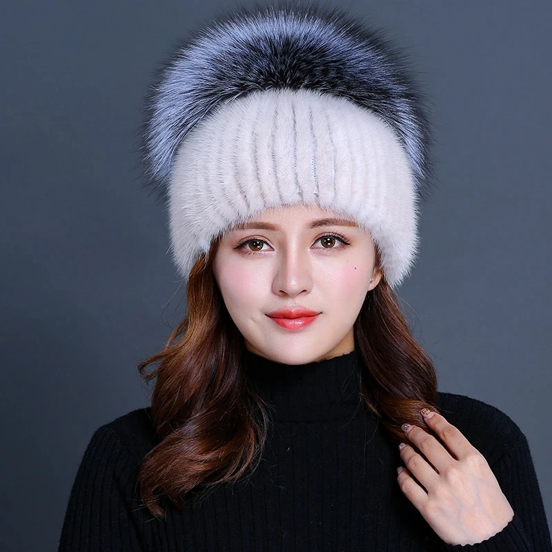 Женская Зимняя Вязаная Шапка бини с помпоном из лисьего меха|pom pom hat|pom hatsmink fur hats |