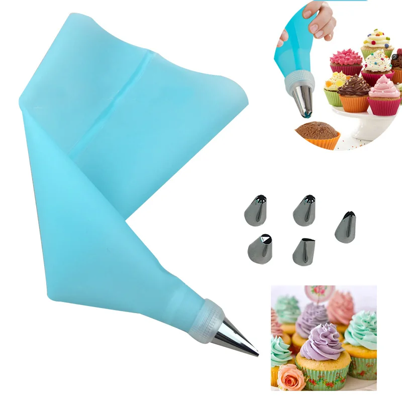 

8 PCS/Set Silicone Kitchen Accessories Icing Piping Cream Pastry Bag + 6 Stainless Steel Nozzle Set DIY Cake Decorating Tips Set