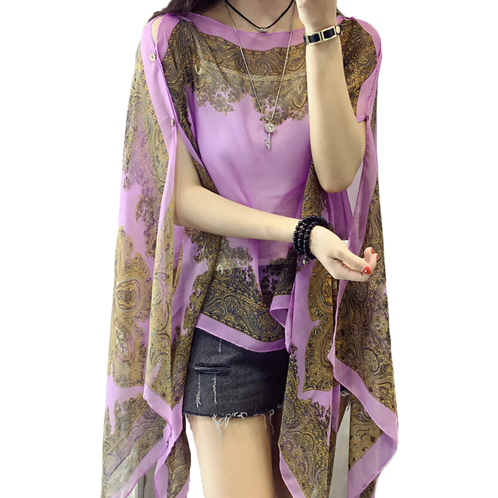 Летняя женская плюс размер тонкая с длинным рукавом Fabala шифоновая Солнцезащитная шаль покрывала рубашки с креплением в виде шарфа свободные блузки Солнцезащитная шаль - Цвет: violet