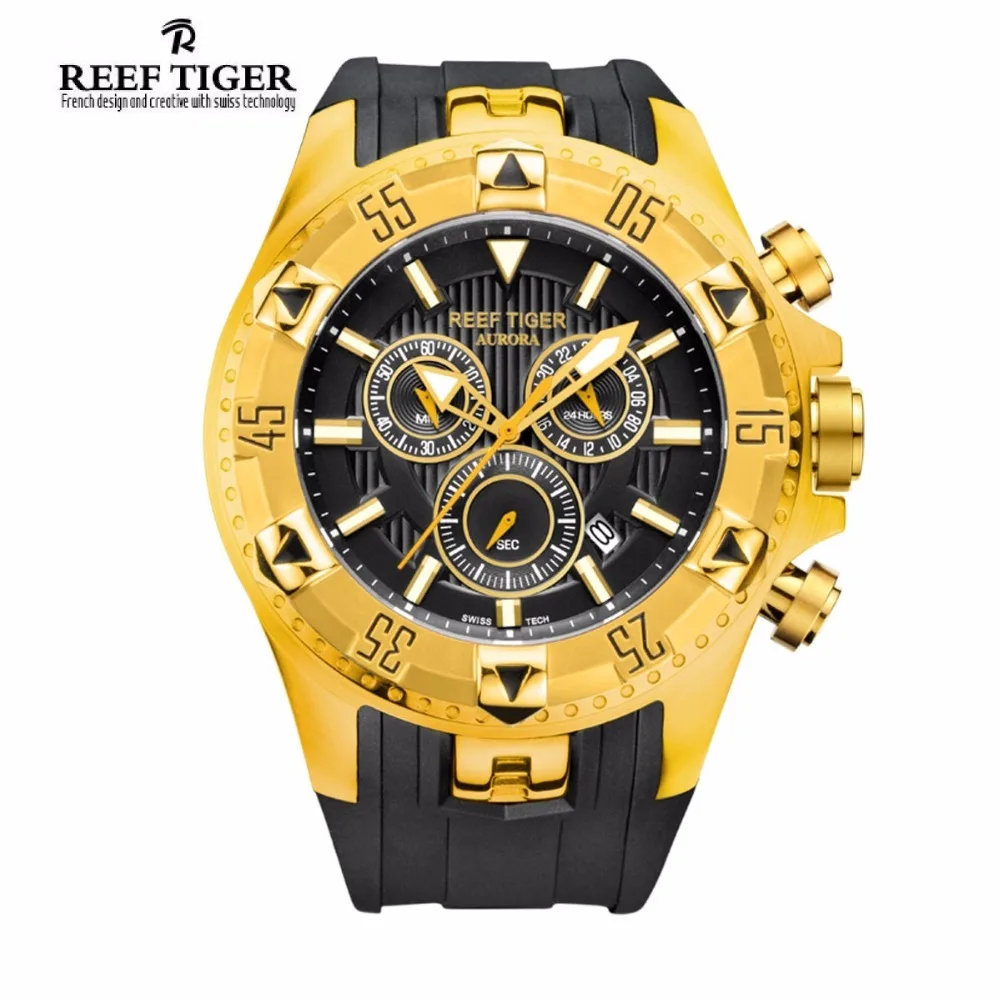 Reef Tiger Brand Sport Men font b Watches b font Fashion Waterproof Chronograph Date Yellow Gold