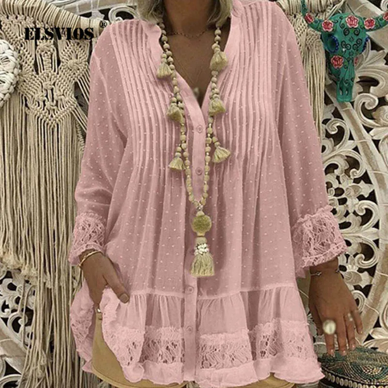 

ELSVIOS Plus size Lace Polka Dot Chiffon blouse shirts Women Summer solid Loose Vintage tops Ladies Casual Plus Size pullover