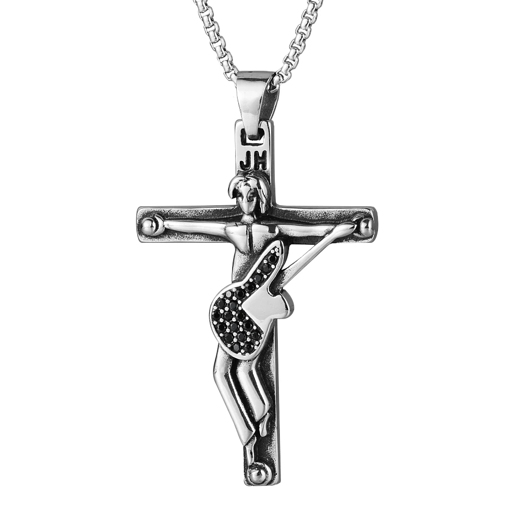 Рок-звезда, кулон из нержавеющей стали с гитарным крестом, ожерелье для мужчин с цепочкой 50 см, ожерелье с распятием