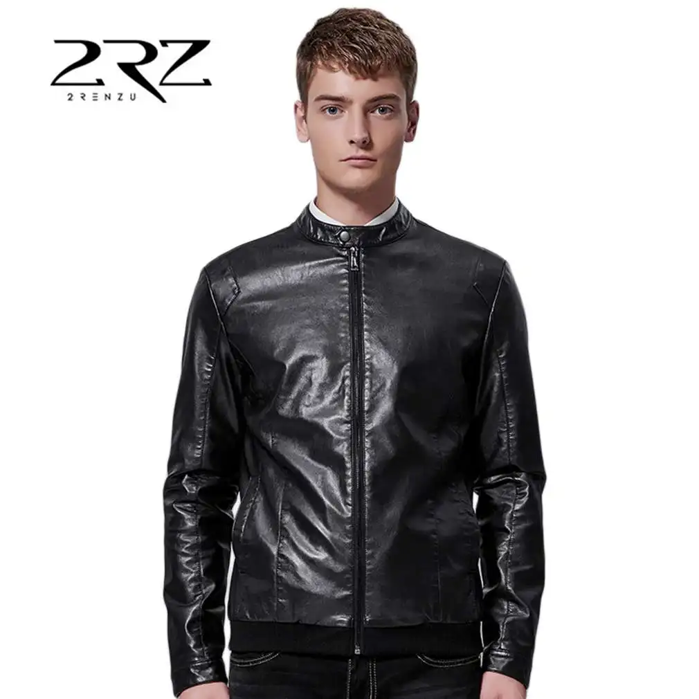 2RZ Trendy PU Leather Male Round Collar Coats Men Coats Fashionable