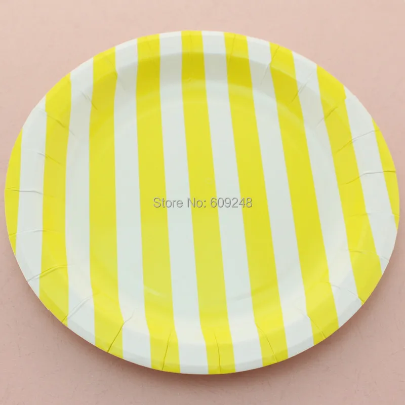 24pcs 9" Cheap Wedding Holiday Yellow Striped Birthday Paper Plates