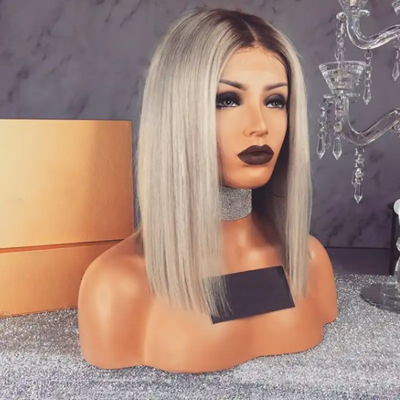 Eewigs Ash Blonde Lace Front Wig With Dark Roots 14inch Short Bob