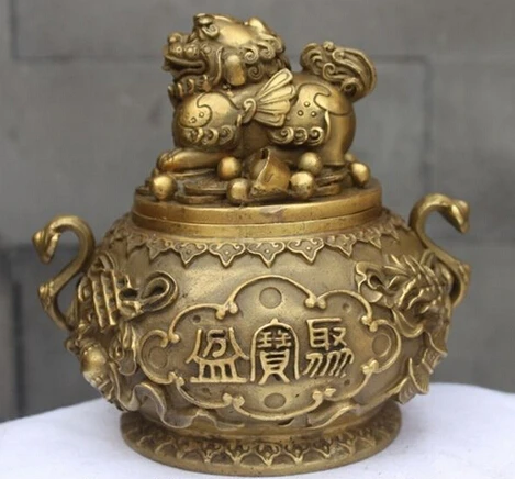 

B0601 502China Fengshui Brass Copper Foo Dog Lion mythical wild animal pot treasure bowl statue