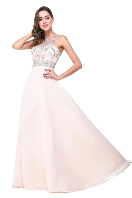 Vestido de festa longo de luxo, женское вечернее платье, шифоновое, с кристаллами, с бусинами, длинное, на выпускной - Цвет: Light Champagne