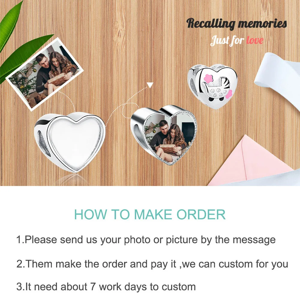 ELESHE 2019 New Personalized 925 Sterling Silver Heart Charms Fit Original Pandora Bracelet Customized Photo Beads DIY Jewelry