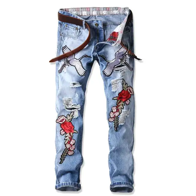 Rue Punk Fleur Déchiré Pour Broderie Rock Club Unique Denim Pantalon Dj Nuit Designer Vêtements Mode Hommes Jeans De qpSGUzVM