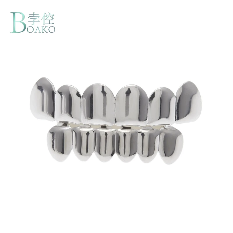 BOAKO Hip Hop Teeth Grillz Set Silver Gold Tooth Top Bottom Caps Punk False Dental Grills For Women Body Jewelry Cosplay Party