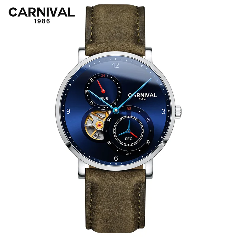 Carnival Men Watches Mechanical Automatic Watch Turbillon Top Brand Luxury Hollow Waterproof Stainless Steel Wrist Watch - Цвет: green leather