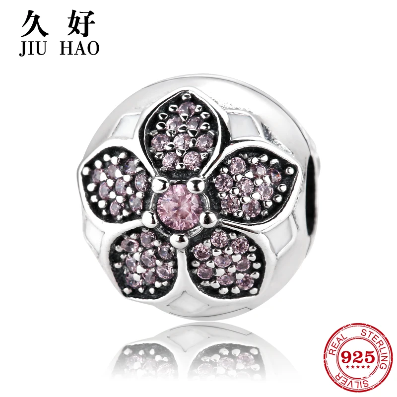 925 sterling silver round pink flower clips beads Fit Original Pandora