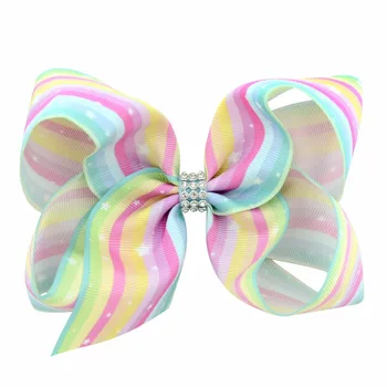 

6pcs/lot 6'' Rainbow Striped Dots Butterfly Print Grosgrain Ribbon Bows Rhinestone Waist With Clip For Kids Hair Accessory