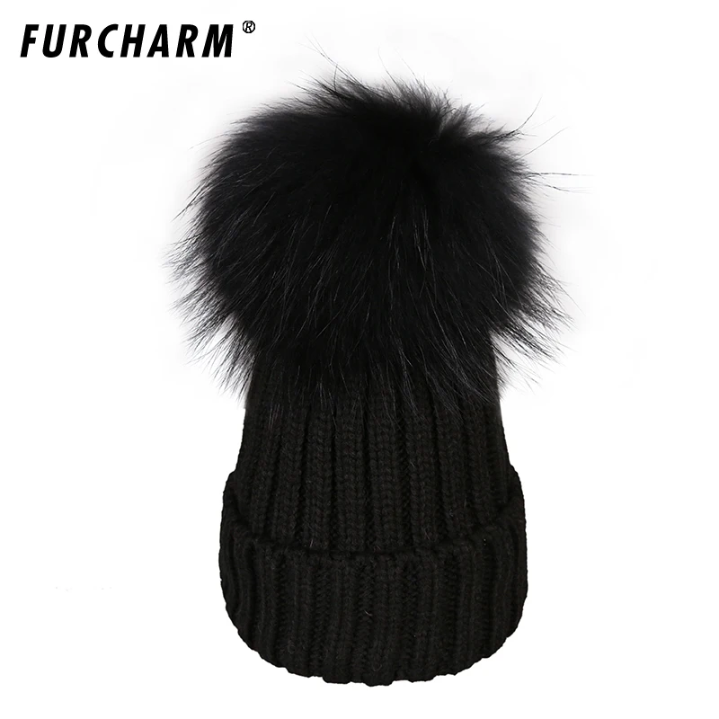 

FURCHARM mink fur hats for women winter hat beanies cap for girl fur pom poms and wool knitted hat new thick female cap