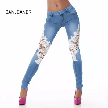 DanjeanerSummer Style Women Ripped Jeans Ladies Lace Floral Splice High Waist Jeans Hollow Out Casual Women's Denim Pencil Pant white floral lace patchwork denim jeans