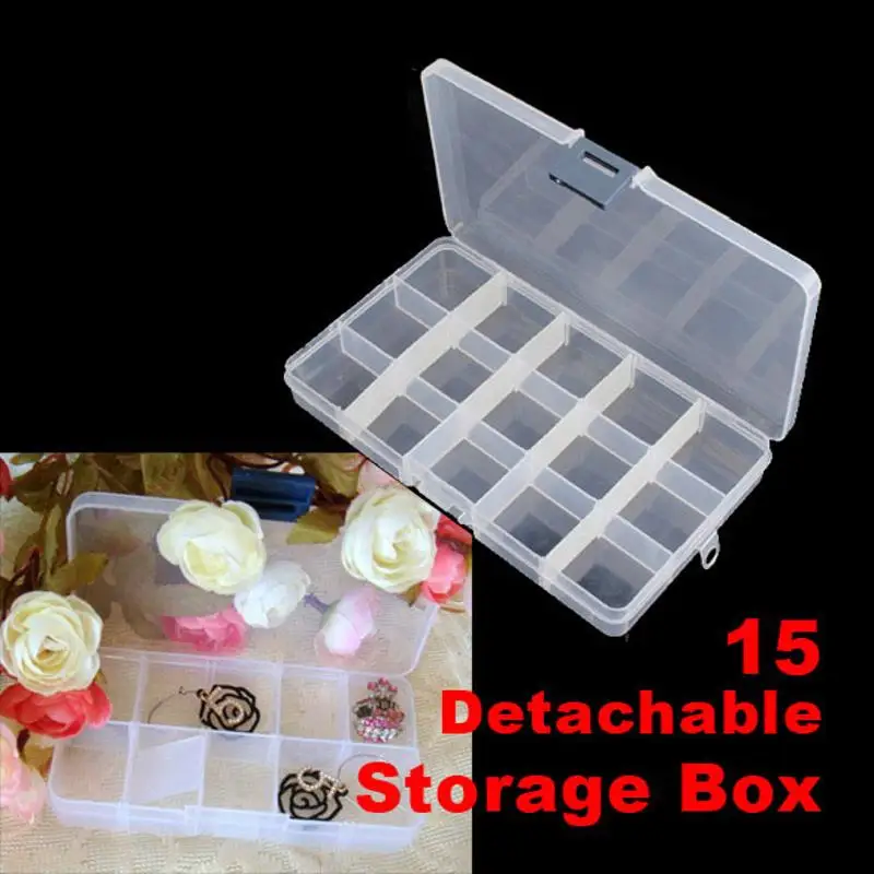 

15 Grid Compartment Transparent Medicine Box Organizer Plastic Storage Box Adjustable Jewelry Rhinestone Beads Ring Storage