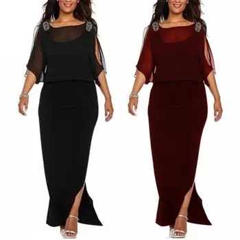 

New Party Sexy Women Cold Shoulder Split Half Sleeve Solid Color Bodycon Maxi Dress