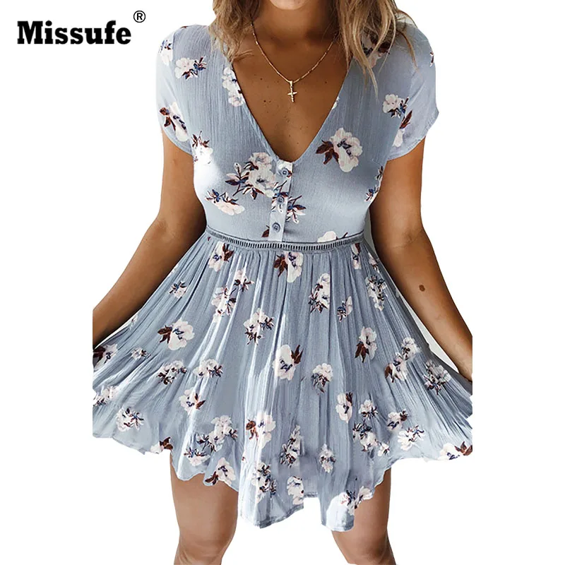 Missufe мини платье с цветочным принтом Для женщин V шеи пляжное Boho Кнопка Vestidos