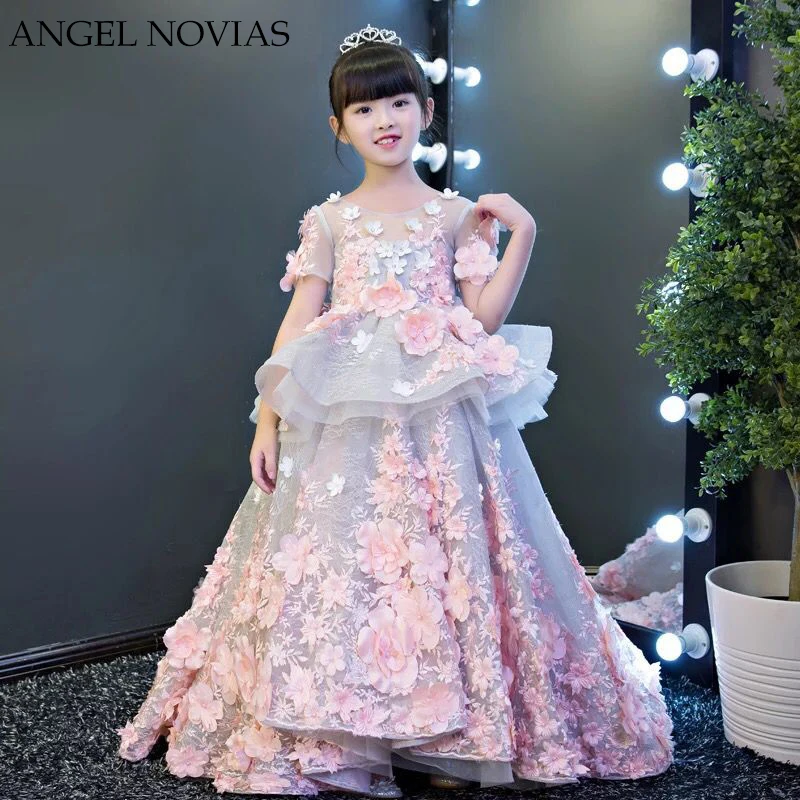Angel Novias длинное бальное платье кружевное платье с рюшами и цветочным узором для Девочек Пышные Платья 2018 Г. С 3d цветами, платье принцессы для