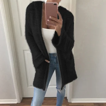 

Autumn Warm Women Casual Cashmere Loose Sweater Cardigan Outwear With Pocket Femme Open Stitch Long Knitted Hooded Sweater
