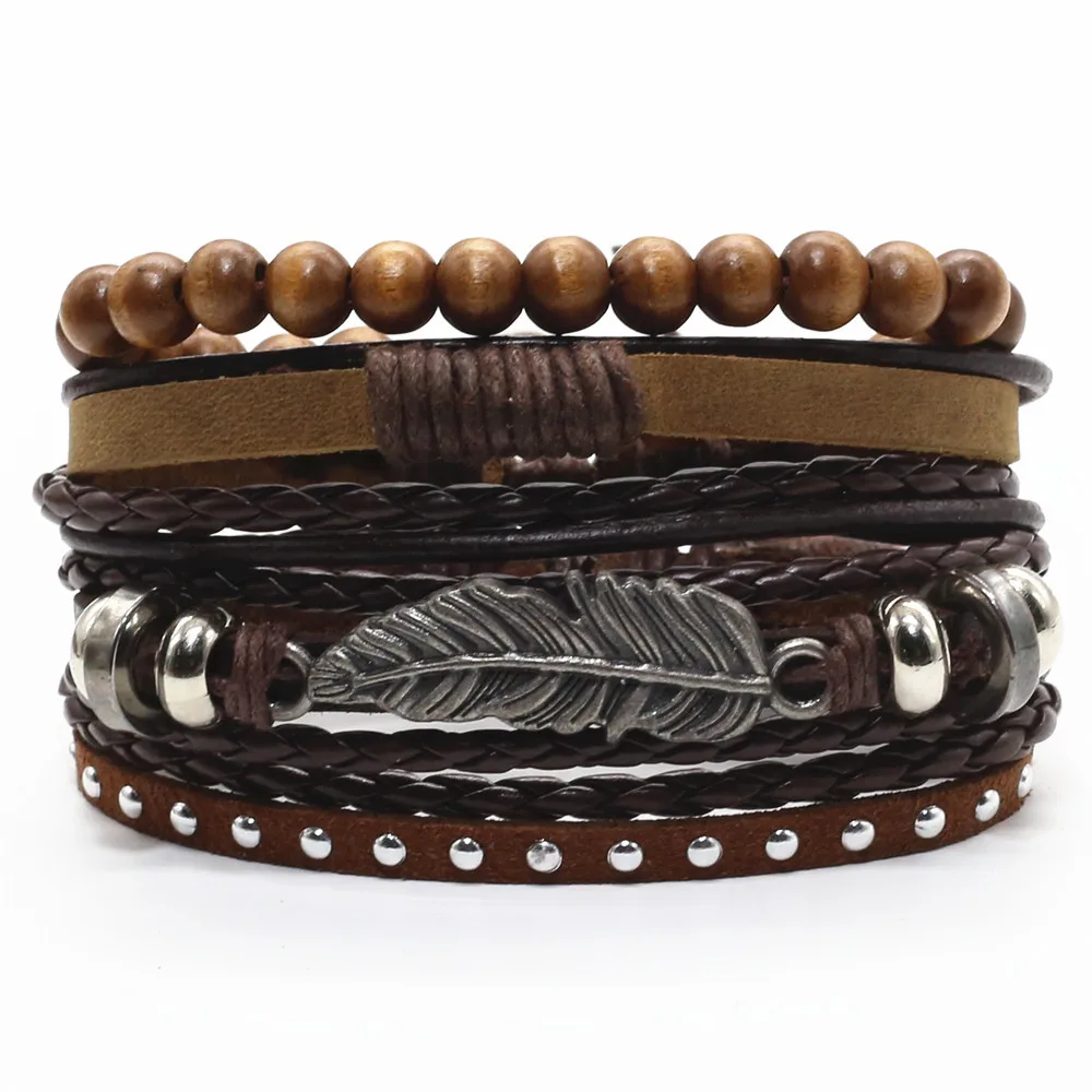 

New 4pcs/set Vintage Feather Guitar Cross Charm Black Brown Beads Leather Men Bracelets For Women Homme Femme Male Jewelry