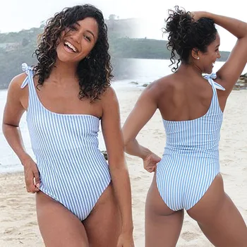 

2018 Blue Vertical Print Bikini Swimsuit with Single Shoulder Sexy Lien Swimsuit