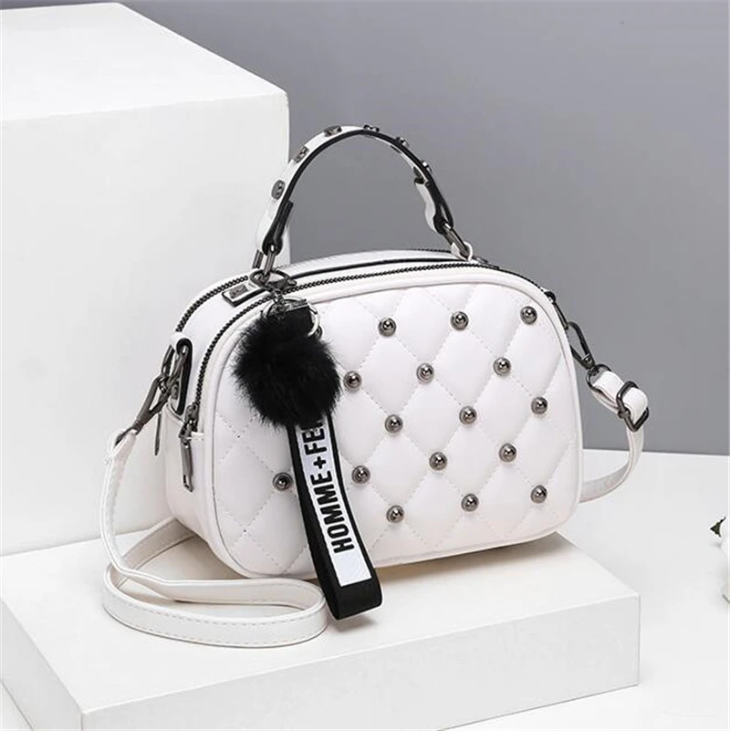 Trendy Rivet Plaid Bag for Women Brand Design Small Crossbody Bags with Hairy Ball Girls Mini PU Leather Handbags Phone Purse