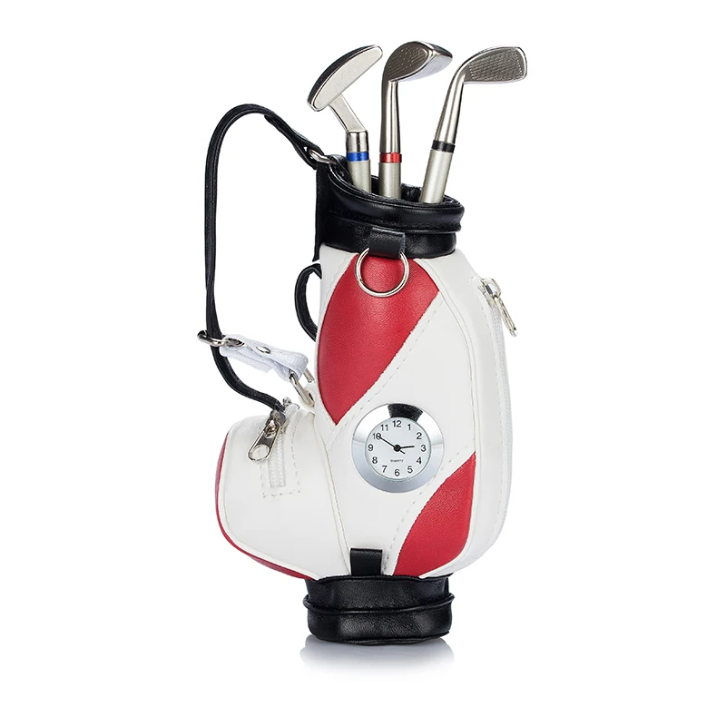 Caiton Novelty golf gifts golf clubs pen ballpointpens In mini golf bag  desk pen holder with a clock, 5 piece set