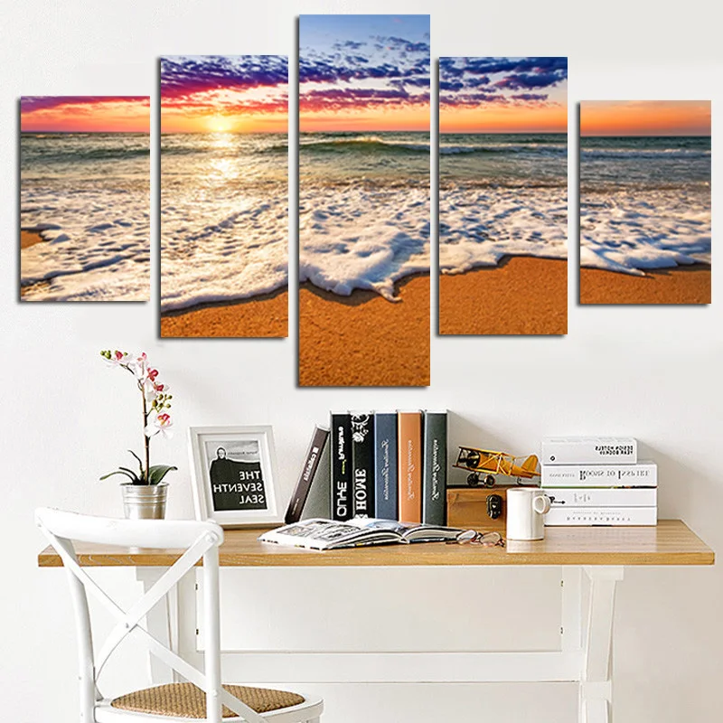 HD Print  5Panel Sunshine Beach Seascape Oil Painting on Canvas Art Modern Modular Wall Pictures for Living Room Cuadros Decor