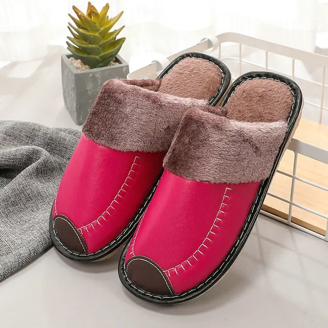Leather Women Men Couples Home Slippers For Indoor House Bedroom Shoes Comfortable Plush Unsex Warm Mens Slippers Shoes (4)