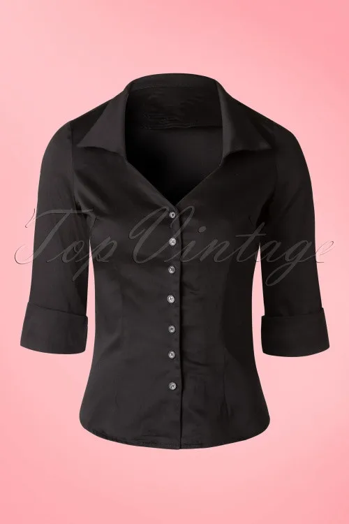 

30- women vintage 1950s black flattering 3/4 sleeve v neck fold over collar shirt plus size cotton blouse pinup shirts top