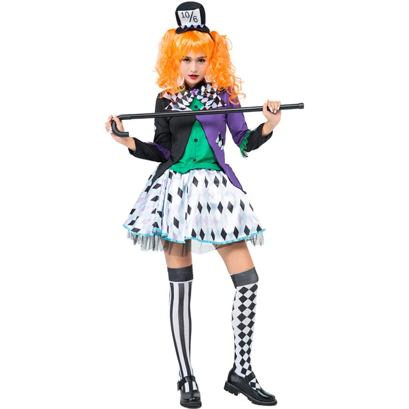 Новое поступление красочные причудливые Алиса Mad Hat Косплей одежды стиль Клоун вечерние одежды с топом, юбкой, обручем, рукавом и бантом - Цвет: colorful