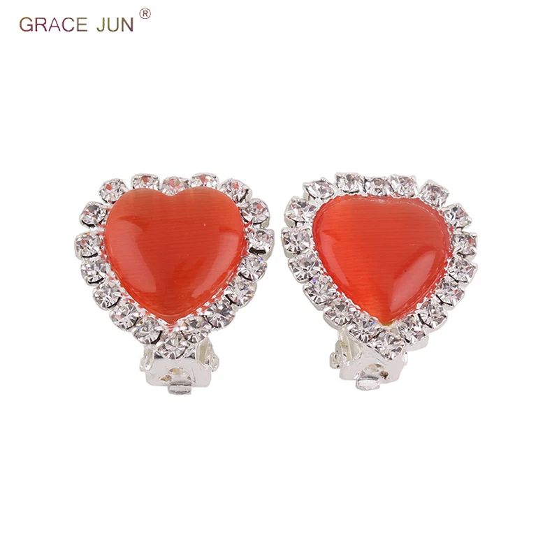 

GRACE JUN Cute Small Heart Clip on Earrings No Pierced for Women Charm Rhinestone Stone Pearl Ear Clip Factory Direct Wholesale