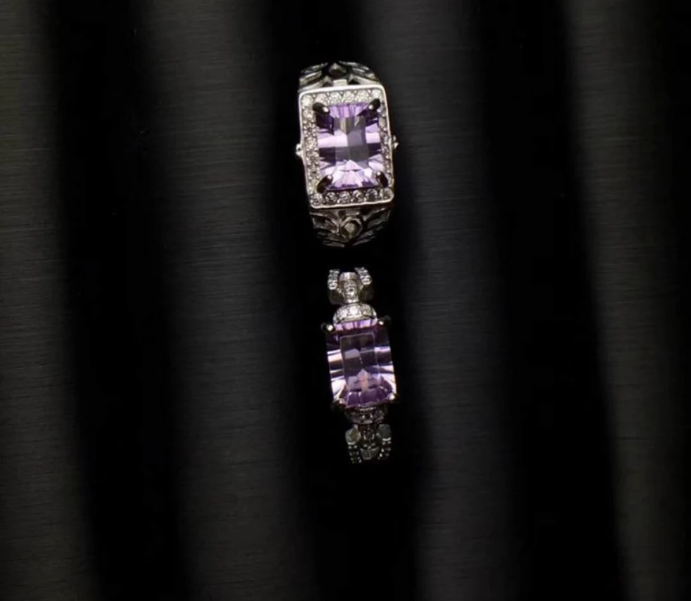

925 Sterling Silver Purple Rectangle Natural Brazil Citrine Ring For Couple Sweetheart