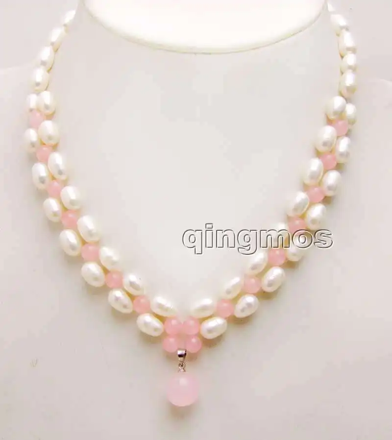 

7-8mm White Rice Natural pearl and Pink beads With Big 12mm Pendant handwork Weaving 17'' Necklace-nec6190