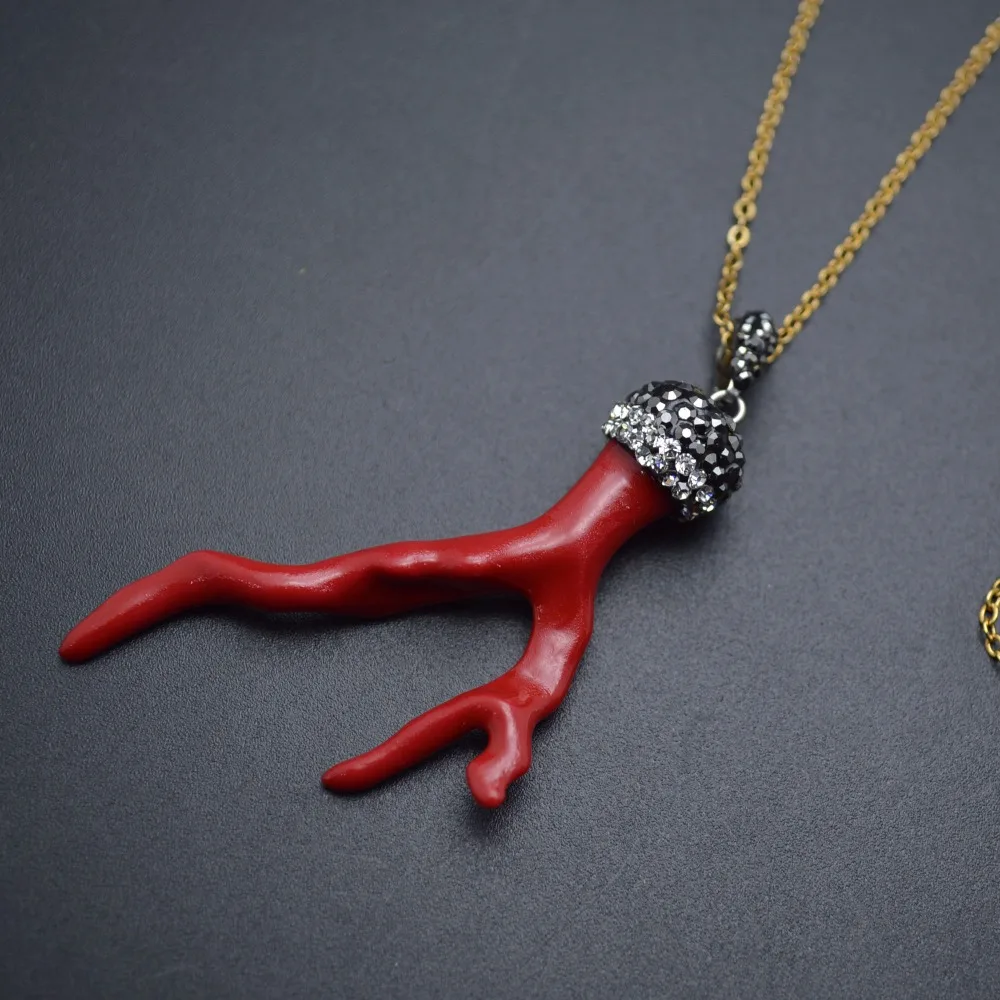 

Fashion Woman Jewelry Popular Red Resin Synthetic Coral Branch Pendant Linked Chains Necklace 4pc per lot