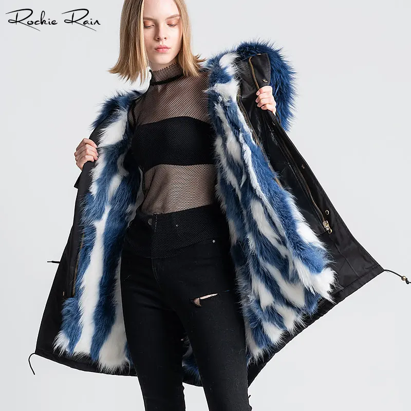 

Women's Real Fur Coat with Raccoon Fur Collar Removable Fur Liner Parka
