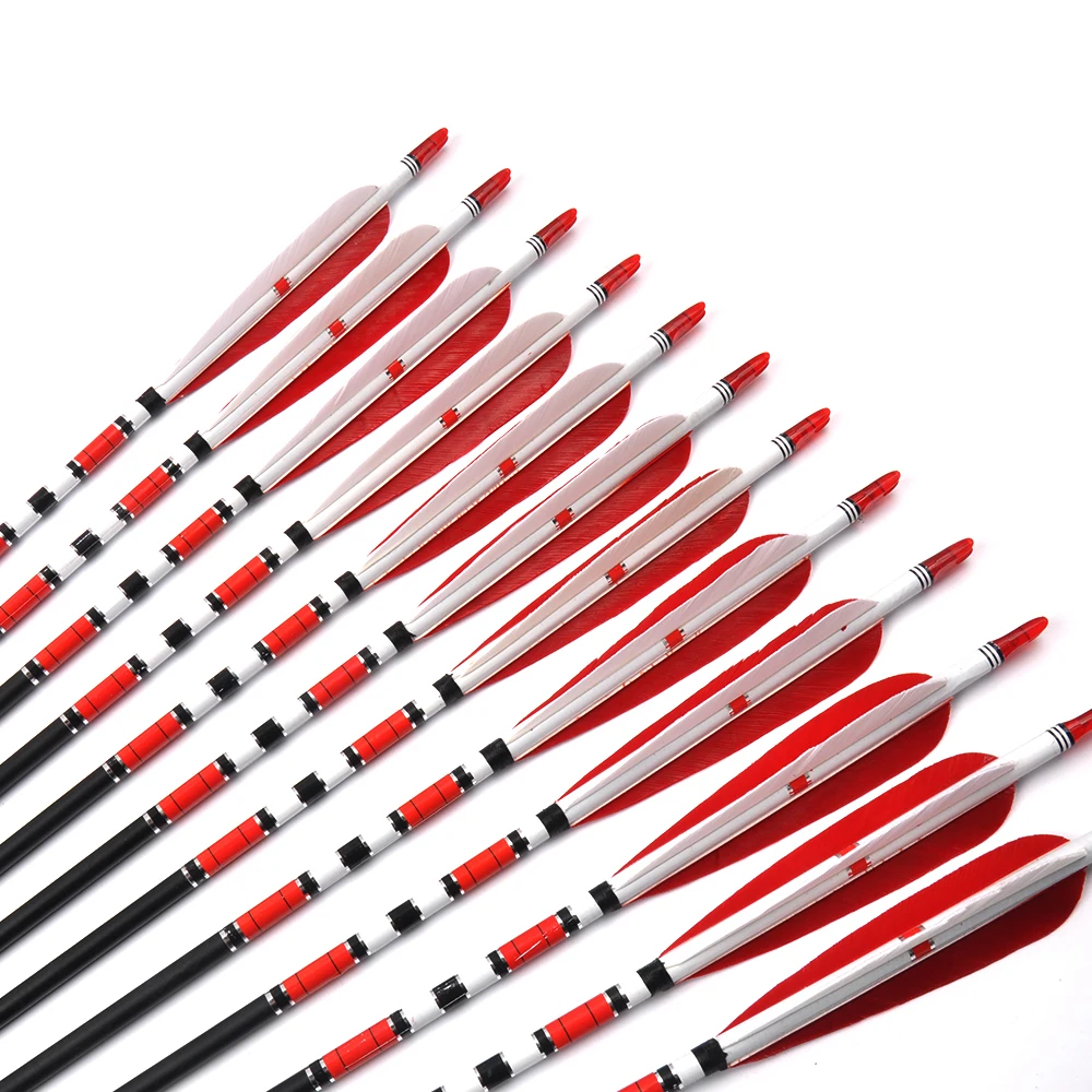 Günstige 6 12 24 stücke 80cm Wirbelsäule 500 Carbon Pfeile OD 7,6mm ID 6,2mm mit 2 Rot und 1 weiß Türkei Feder für Jagd Schießen Bogenschießen
