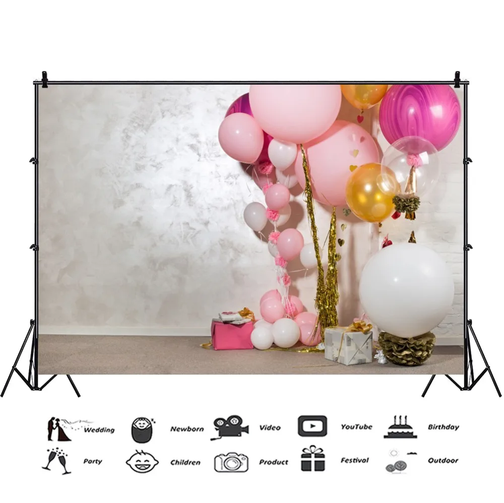Laeacco Baby Birthday Backgrounds For Photography Pink Balloons Cake Gift Cement Wall Party Child Photo Backdrops Photo Studio