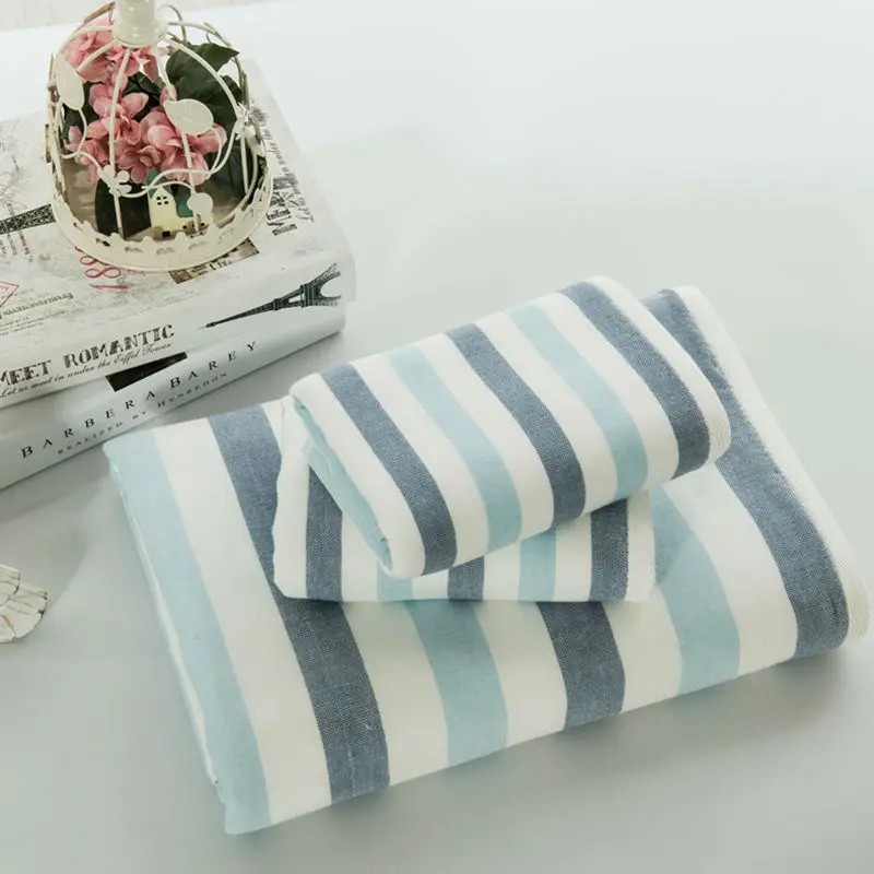 100 Cotton Gauze Towel Set 3Pcs Blue And White Stripes Home Face Towel