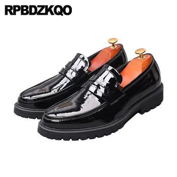 

Wedding Black Platform Handmade Loafers Men Patent Leather Dress Shoes Brogue Cowhide Spring Creepers Pointed Toe Office Italian