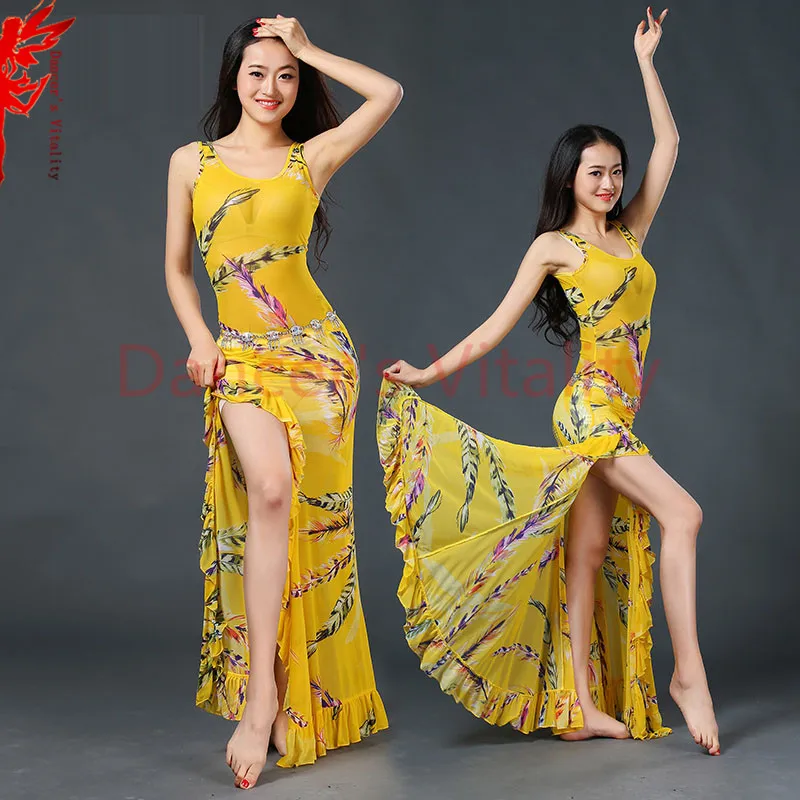 

Girls fashion dress dance clothing Lady belly dance clothes mesh sleeveless printing for women belly dance dress dancer's dress