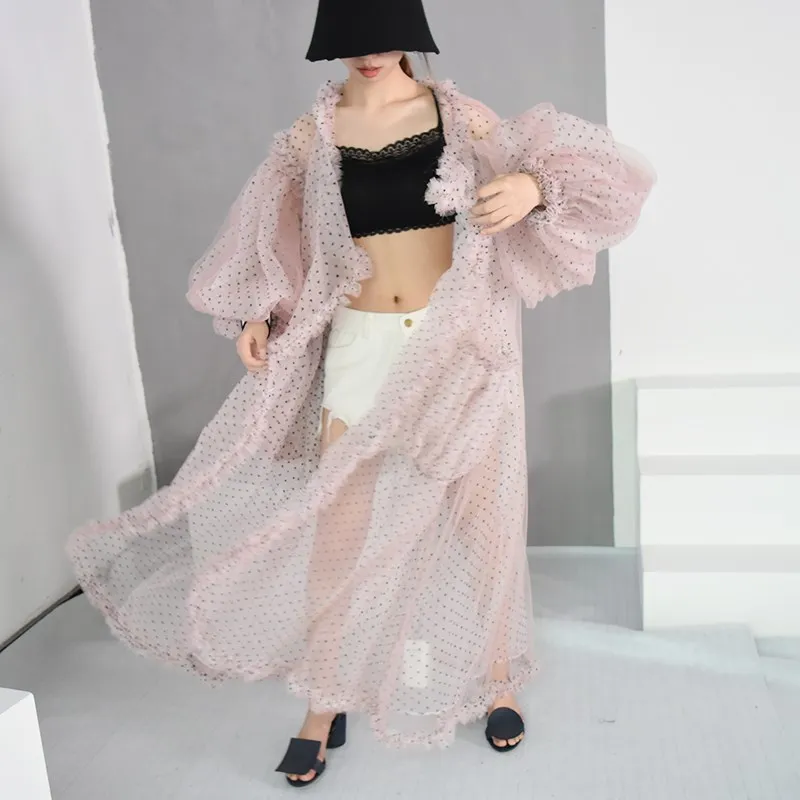 2018 New Summer Women Stylish V-Collar Dot Printed Long Shirts Full Casual Big Size Lantern Sleeve Pockets Organza Blouses Blouses