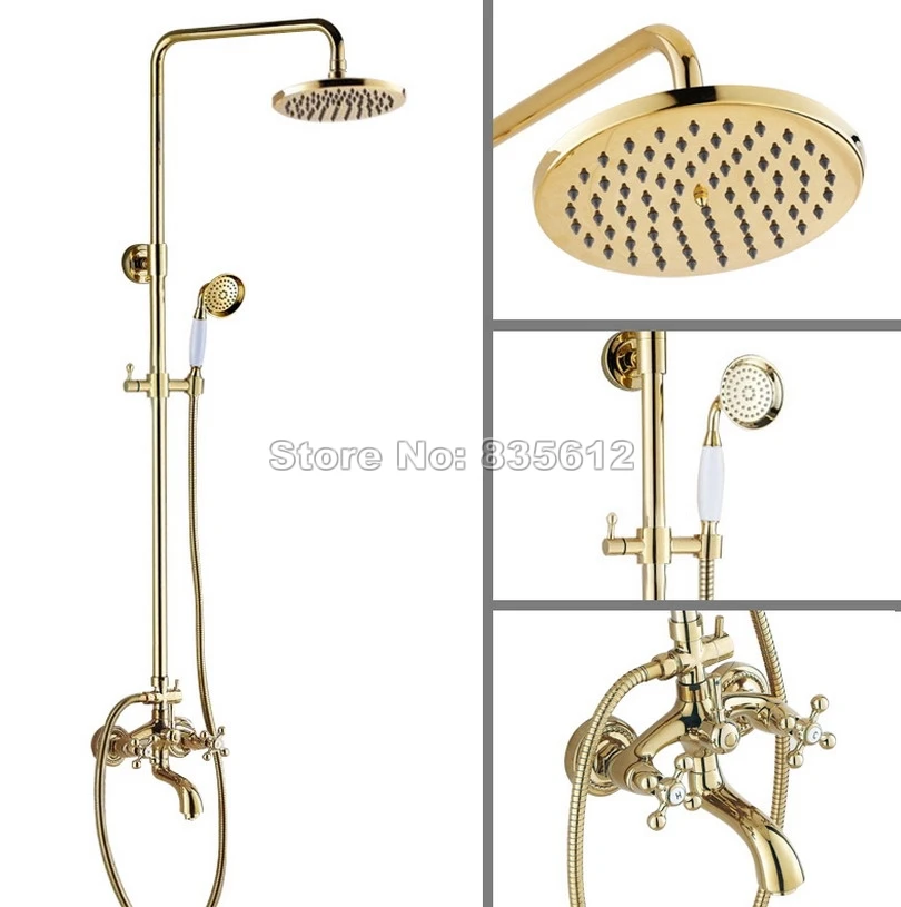 

Wall Mounted Luxury Gold Color Brass Bathroom Rain Shower Faucet Set + Ceramic Hand Spray + Dual Handles Tub Mixer tap Wgf454