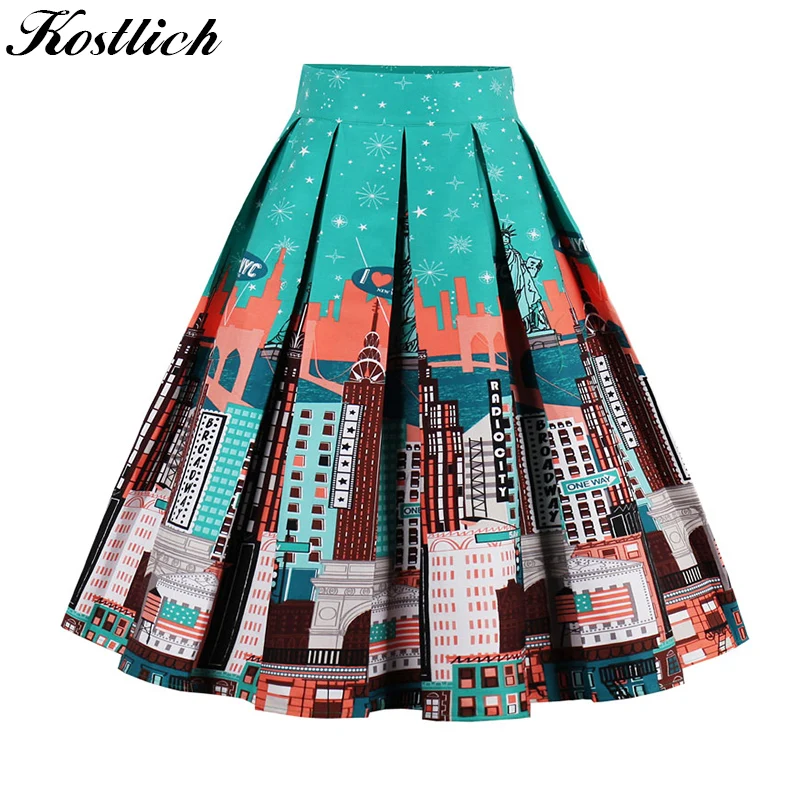 

Kostlich 18 Style Retro Print Flower Summer Skirts Womens 2018 High Waist Vintage Skirt Elegant A-Line Midi Women Skirt S-XXL