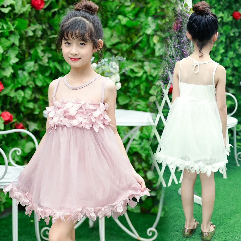 

Pink Tulle Princess Dress Summer Kid Girls Dress Baby Girl Princess Dress Sleeveless Petals Decoration Chlidren's Clothes Party