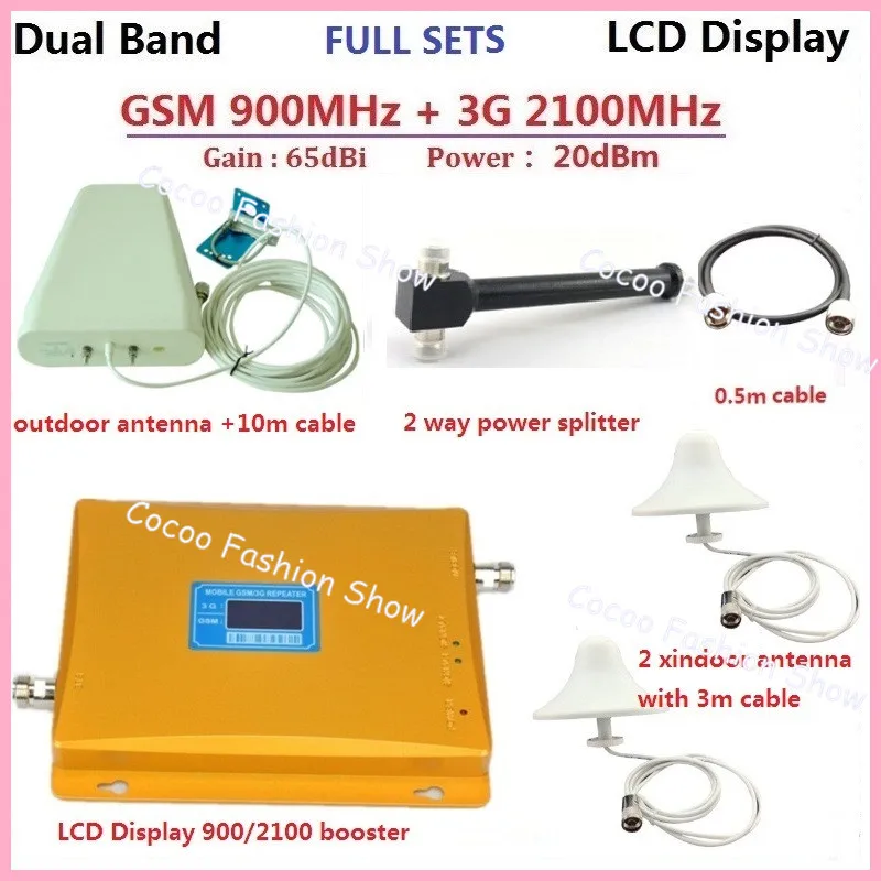 

W-CDMA GSM 3G Repeater 900MHz 2100MHz Dual Band Mobile Cell Phone Signal Booster amplifier kit with 2 homes