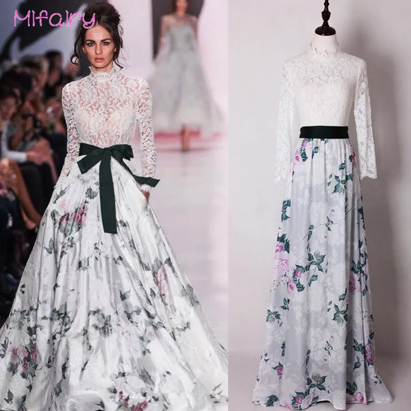 

Mifairy 2017 White Sheer Lace Print Patchwork Long Women Dress Plus Size Long Sleeves Milan Runway Dress 92214